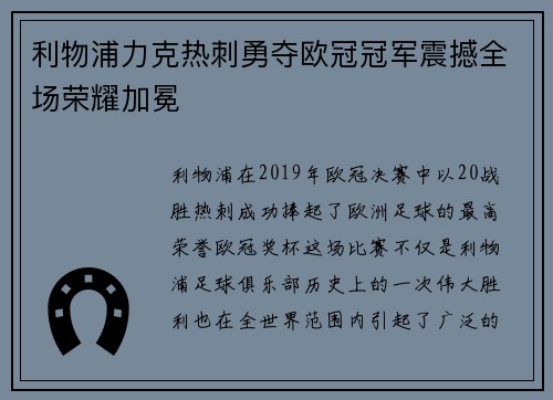 利物浦力克热刺勇夺欧冠冠军震撼全场荣耀加冕